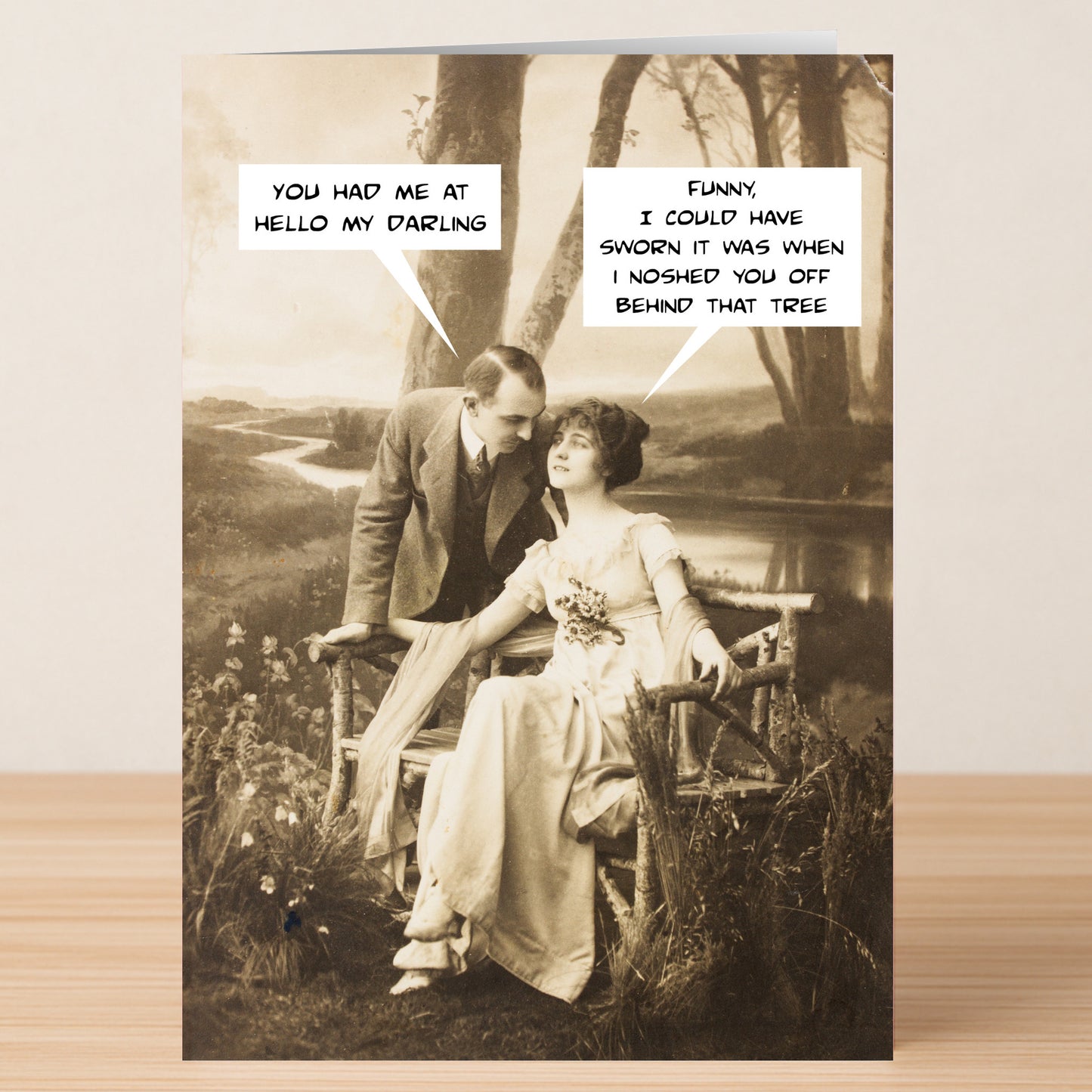 The Hello Valentines Card by Twisted Gifts features a sepia photo of a vintage couple with playful speech bubbles about a romantic encounter—perfect for giving your cheeky love a funny, unique Valentine’s Day card!.