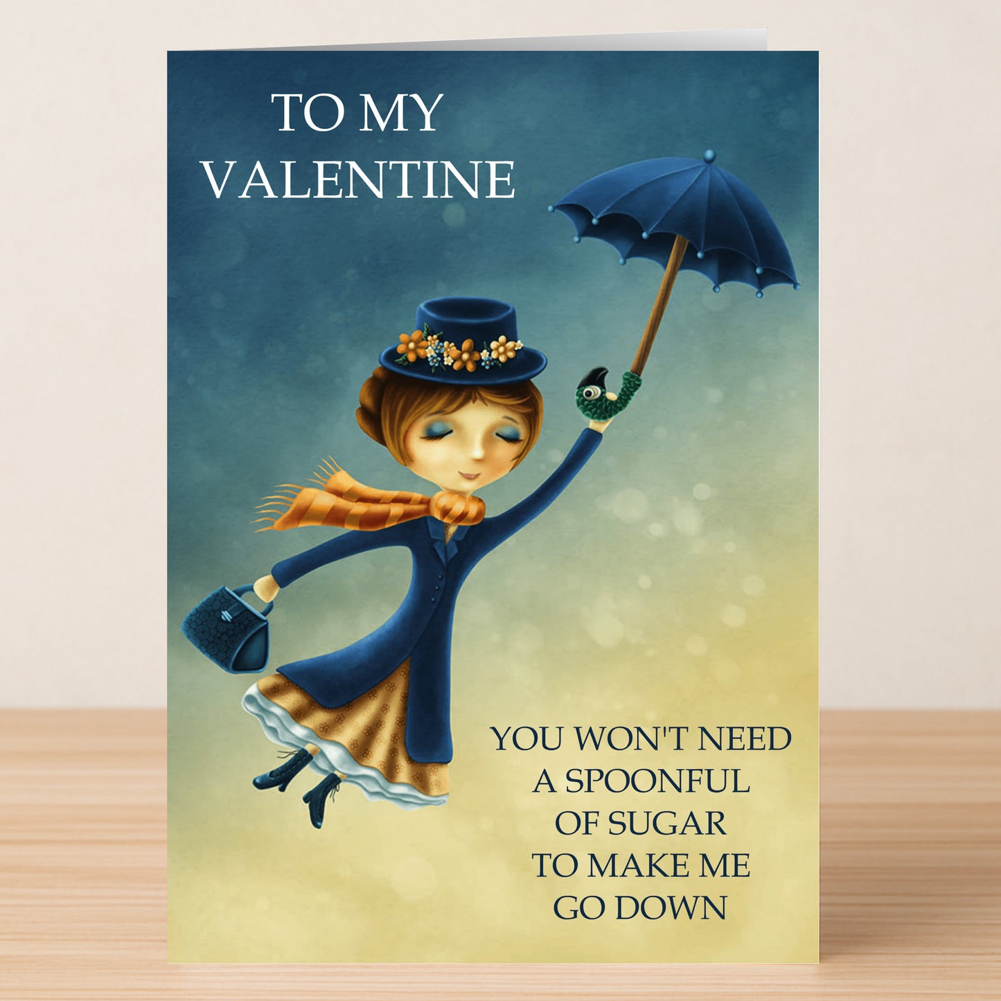 Send a laugh with the Mary Poppins Rude Valentine's Card by Twisted Gifts! Features a cheeky woman holding umbrella and bag, with the message: "To My Valentine. You won't need a spoonful of sugar to make me go down.
