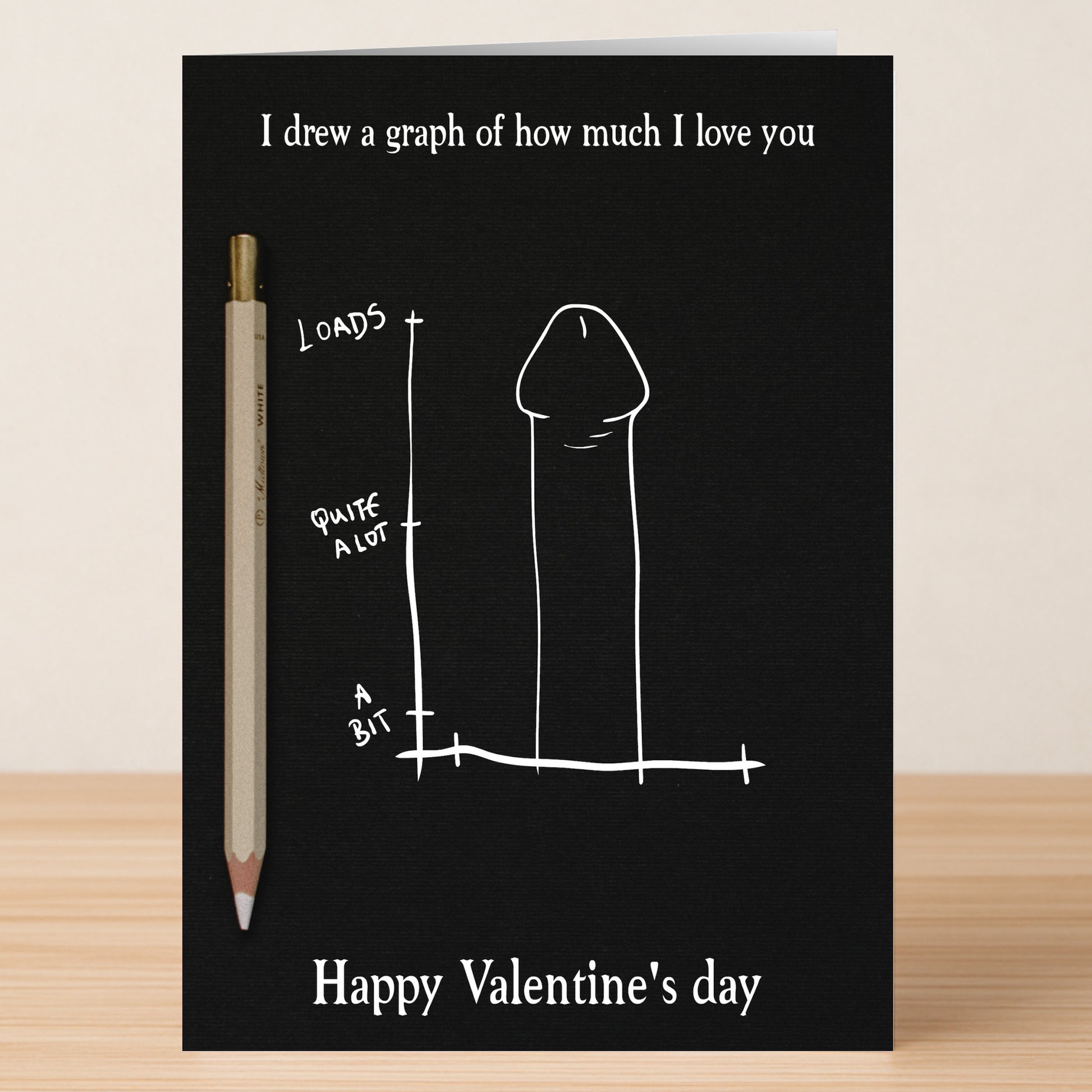 The Twisted Gifts Love Graph Rude Valentine's Card features a black card with a white hand-drawn graph humorously resembling male genitalia, labeled "I drew a graph of how much I love you" and "Happy Valentine's Day," with a pencil on the card.