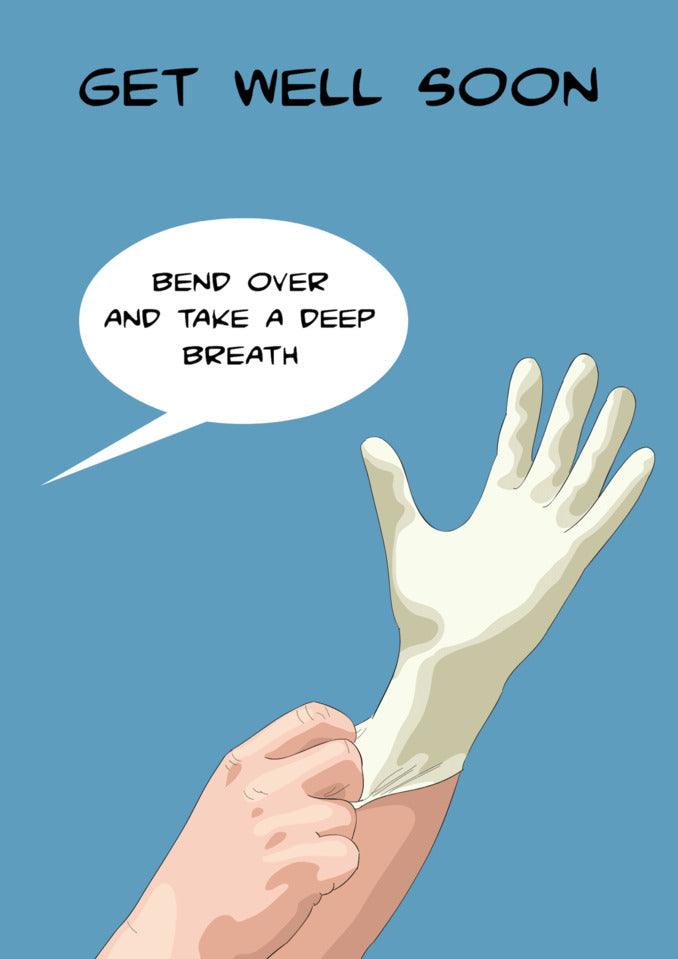 A Deep Breath Funny Get Well Soon Card by Twisted Gifts with a hand wearing a glove that says "get well soon.