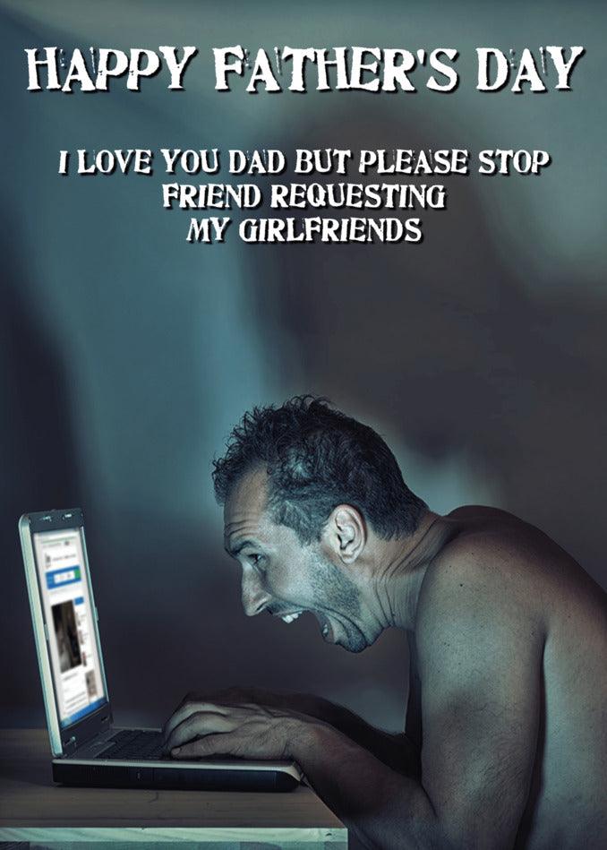 A funny man on a laptop with the words "Friend Funny Father's Day Card" from Twisted Gifts.