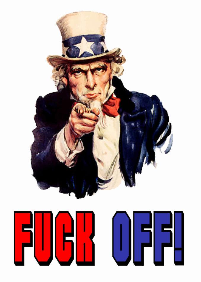 A humorous picture capturing an uncle playfully pointing at the word "Fuck Off", bidding a cheeky farewell with the Twisted Gifts Fuck Off Rude Farewell Card.