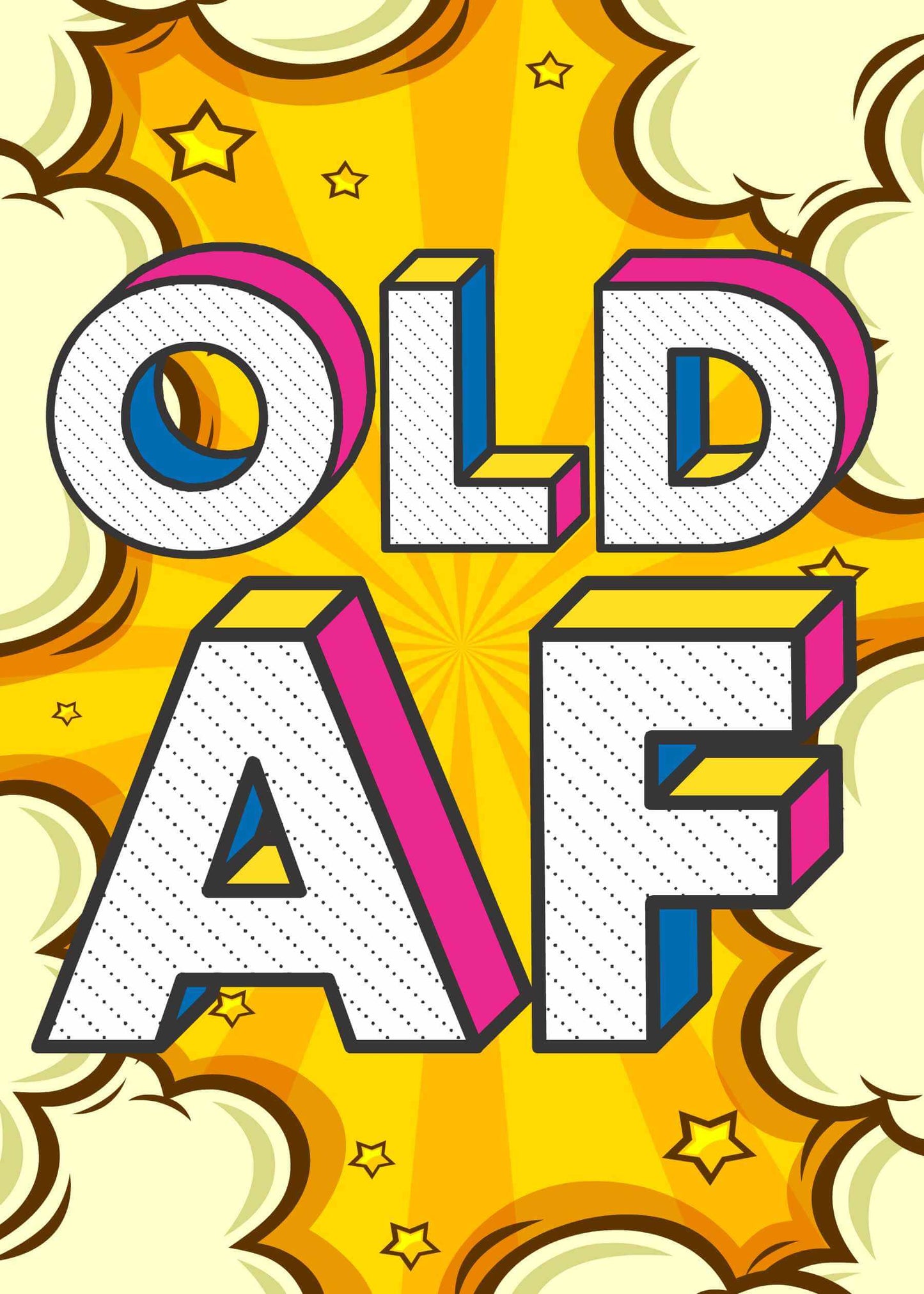 The "Old AF Funny Birthday Card" by Twisted Gifts showcases a vibrant comic-style graphic with the phrase "OLD AF" in bold 3D letters, set against a lively background of stars and bursts – perfect for a hilarious birthday greeting.