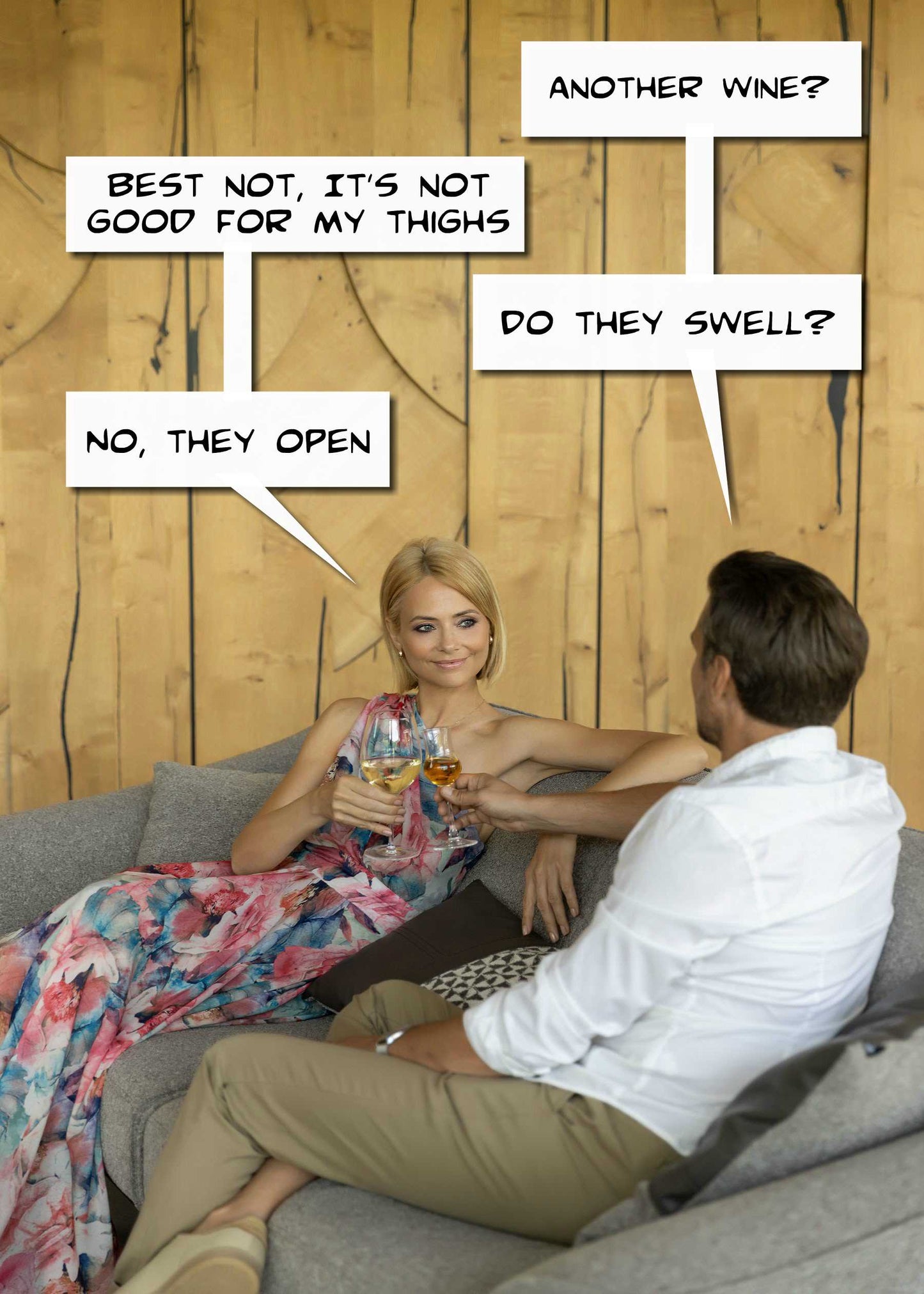 A woman in a floral dress and a man in a white shirt share witty banter about wine and her thighs, making the Thighs Funny Birthday Card by Twisted Gifts the perfect choice for a laugh-out-loud birthday greeting.