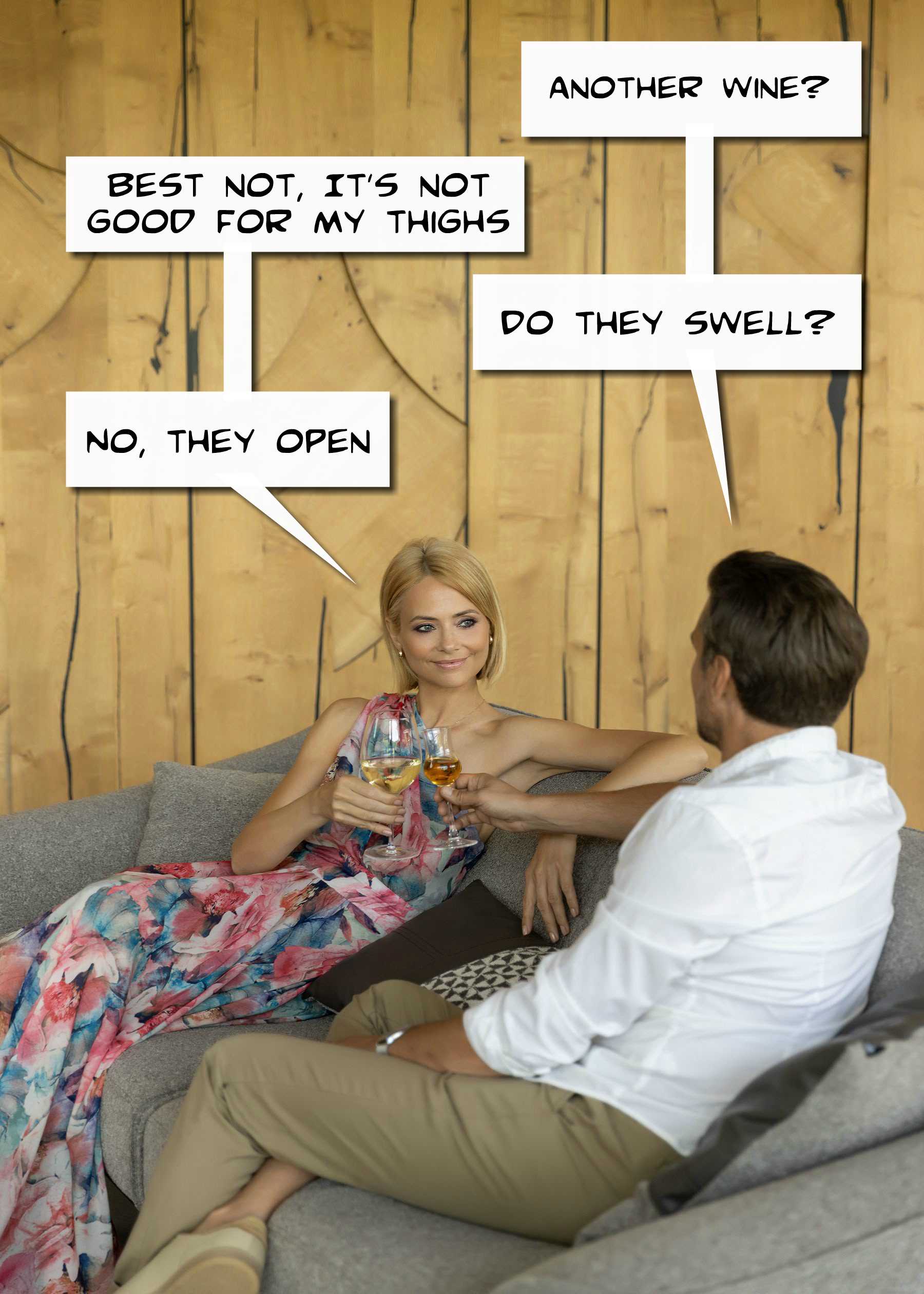 A woman in a floral dress and a man in a white shirt share witty banter about wine and her thighs, making the Thighs Funny Birthday Card by Twisted Gifts the perfect choice for a laugh-out-loud birthday greeting.
