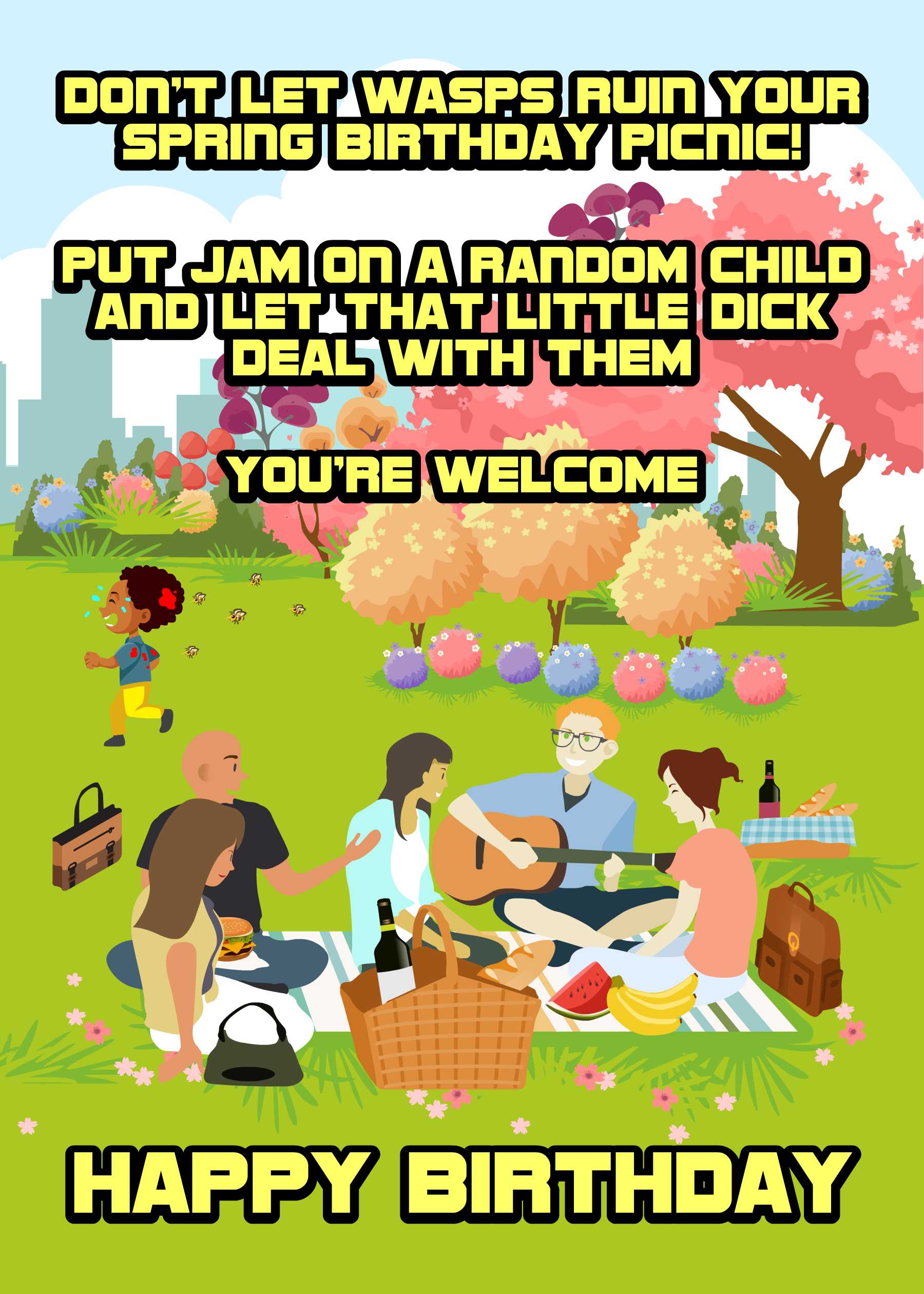 The Twisted Gifts Wasps Funny Birthday Card features playful cartoon picnic art with adults, kids, and witty humor about putting jam on a child to distract wasps—perfect for a hilarious spring birthday!.