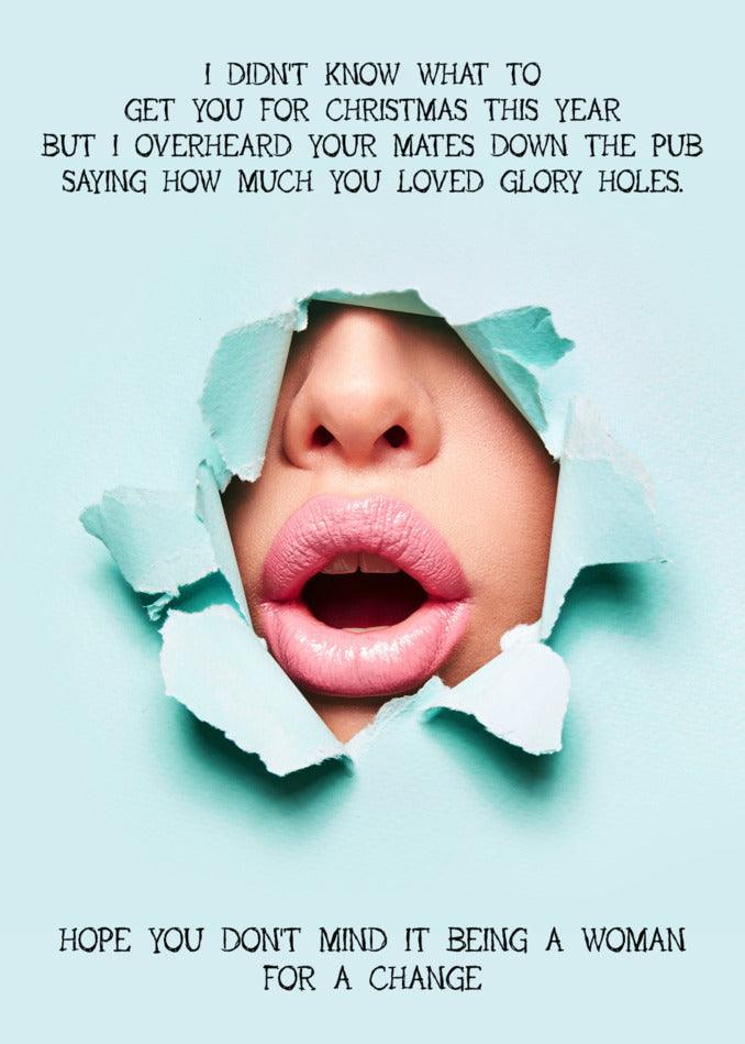 A woman's mouth with the words, "I hope you know what you want to get for Christmas," on a Glory Hole Rude Christmas Card by Twisted Gifts.