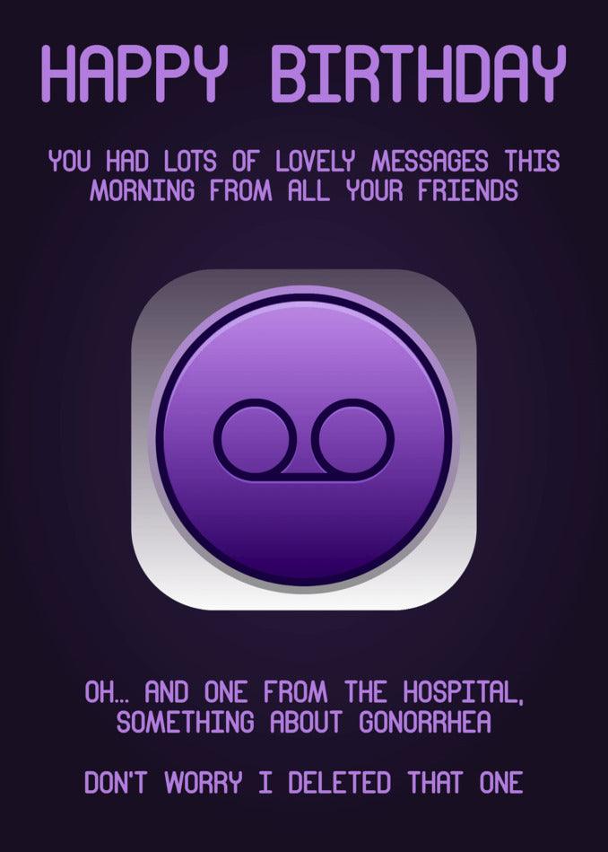 A Twisted Gifts Gonorrhea Insulting Birthday Card with the words happy birthday and a purple background.