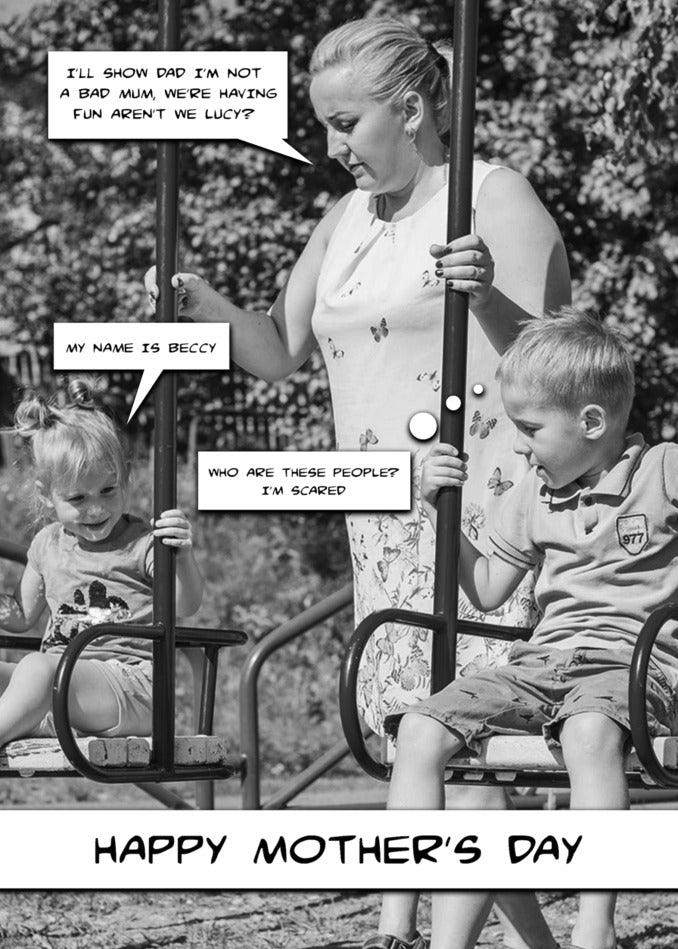 A woman gracefully pushes her children on a swing, showcasing her exceptional parenting skills. The heartwarming scene would make the perfect image for a Mother's Day card or an unforgettable gift from Twisted Gifts: the Good Mum Funny Mother's Day Card.