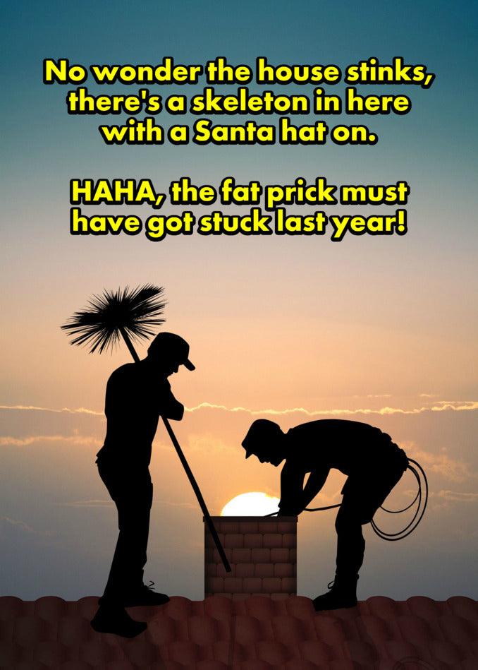 This Got Stuck Funny Christmas Card from Twisted Gifts reveals a twisted gift - a skeleton with Santa!