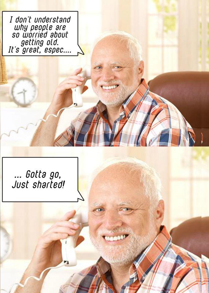 Two older pictures of a naughty but nice old man talking on the phone, perfect for the Gotta Go Funny Birthday Card by Twisted Gifts.