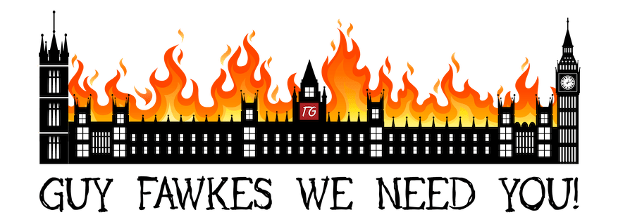 Twisted Gifts' Guy Fawkes T-Shirt in flames on a black background.