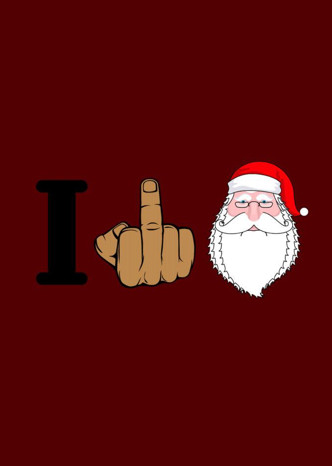 A tongue in cheek Santa Claus with a thumbs up sign on a red background - The Twisted Gifts "I Love Xmas" Funny Christmas Card.