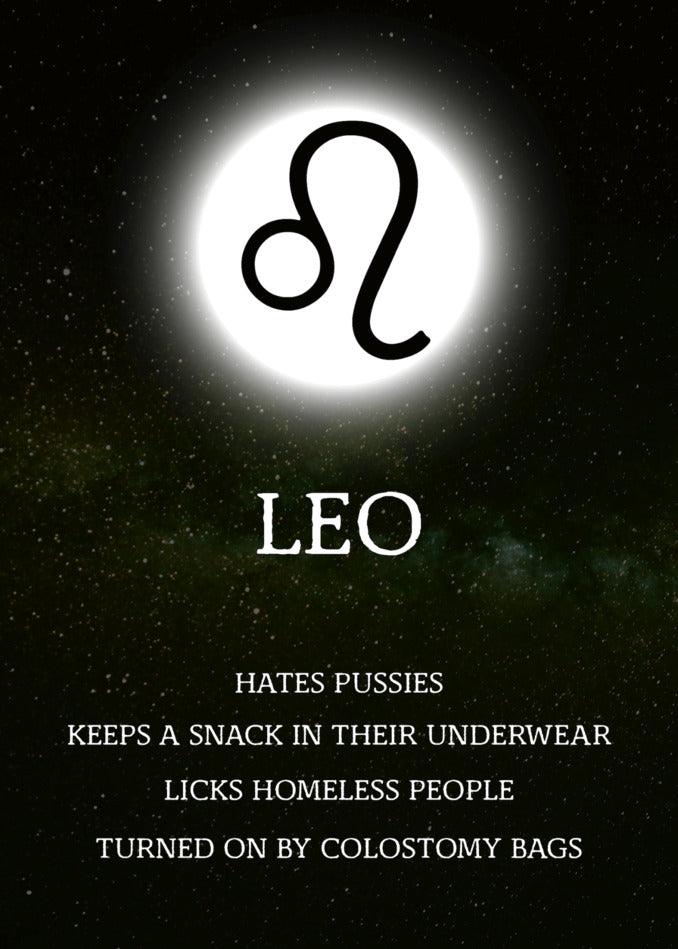 The funny zodiac sign card Leo Rude Star Sign Card is shown in the background from Twisted Gifts.