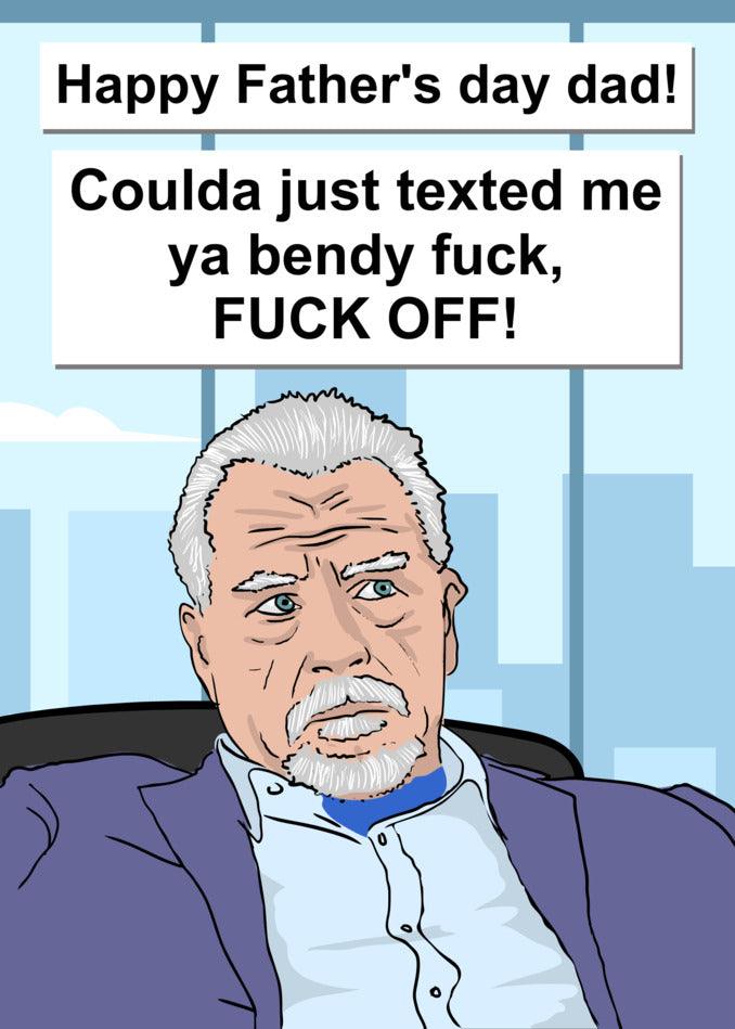 A man sitting in a chair, wearing a funny Twisted Gifts Logan Roy Father's Day themed cardigan.