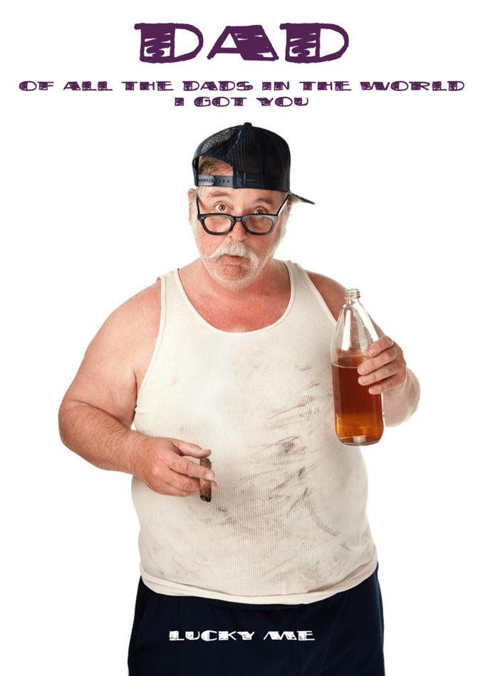 A man with a hat and glasses is holding a Twisted Gifts Lucky Me Funny Father's Day Card.