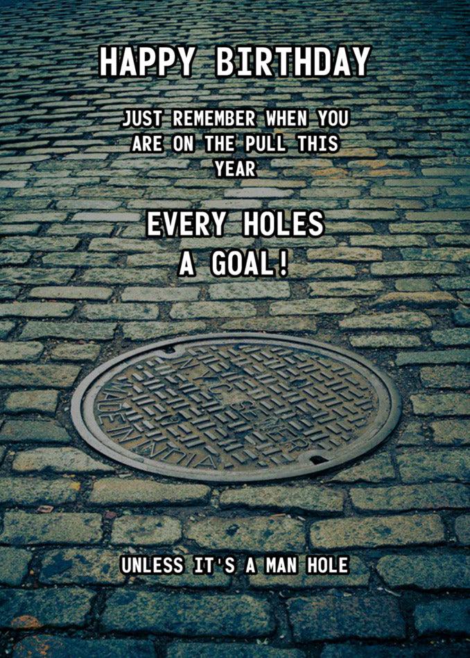 A Twisted Gifts Man Hole Rude Birthday Card on a street that would make a funny addition to a Birthday Card.