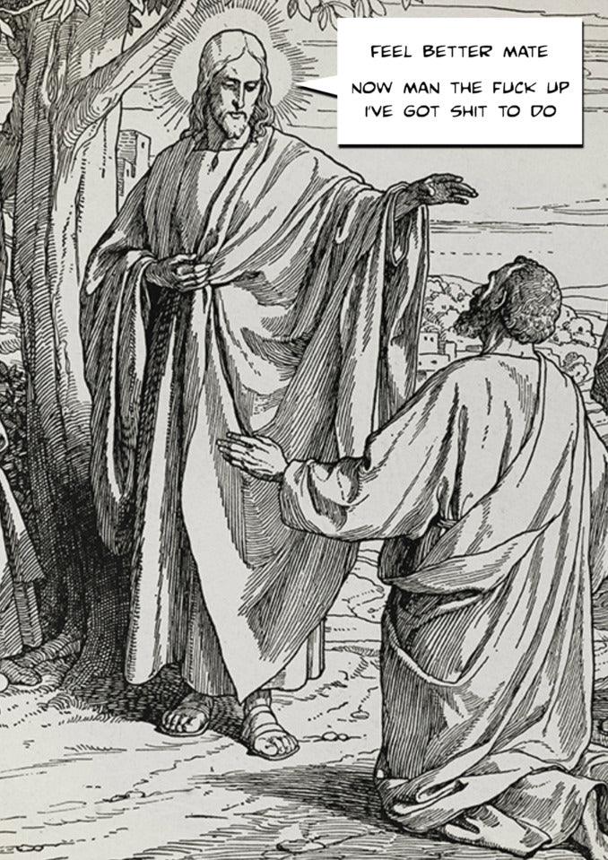 A funny cartoon of Jesus talking to a man in a robe, perfect for a Man Up Rude Get Well Soon Card from Twisted Gifts.