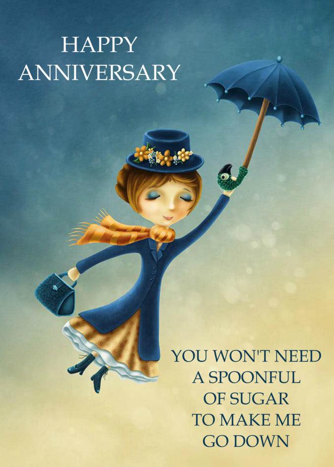 A Mary Poppins Funny Anniversary Card with a girl holding an umbrella by Twisted Gifts.
