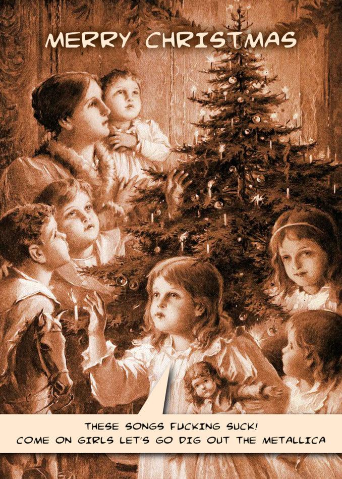 A Metallica Funny Christmas Card with children around a tree by Twisted Gifts.