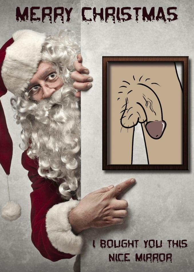 A funny Santa Claus holding a Mirror Rude Christmas Card from Twisted Gifts and saying Merry Christmas on a Twisted Gifts Christmas card.