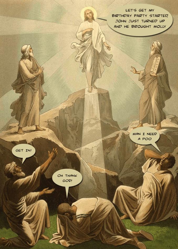 A Molly Funny Christmas Card featuring an illustration of Jesus and his disciples on a mountain, spreading the Christmas spirit with Twisted Gifts.