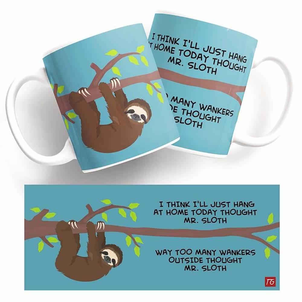 A funny Mr Sloth Mug from Twisted Gifts with two sloths hanging on a tree.