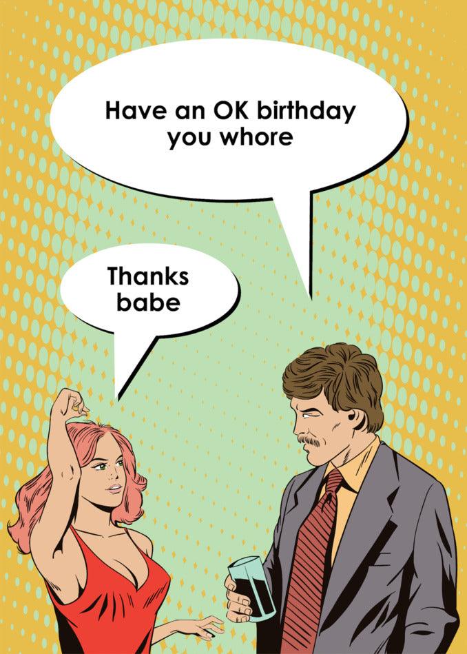 A man and a woman in a red dress exchange a Twisted Gifts Funny Birthday Card wrapped in an OK Birthday card that is sure to bring plenty of funny moments.