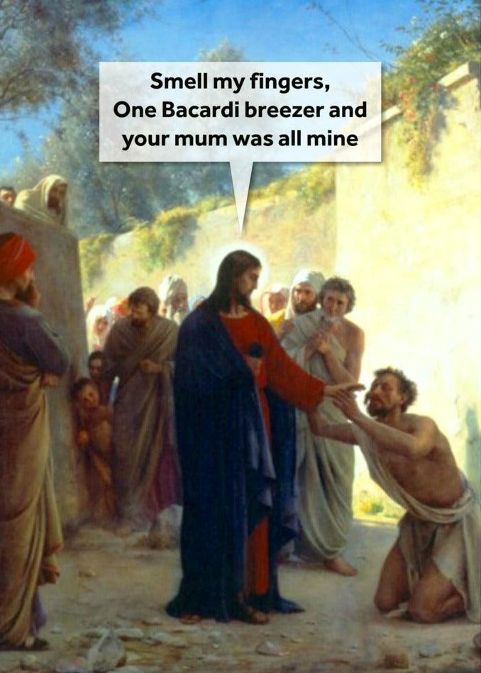 A funny Twisted Gifts One Drink Rude Christmas card depicting Jesus gently touching a woman's hand.