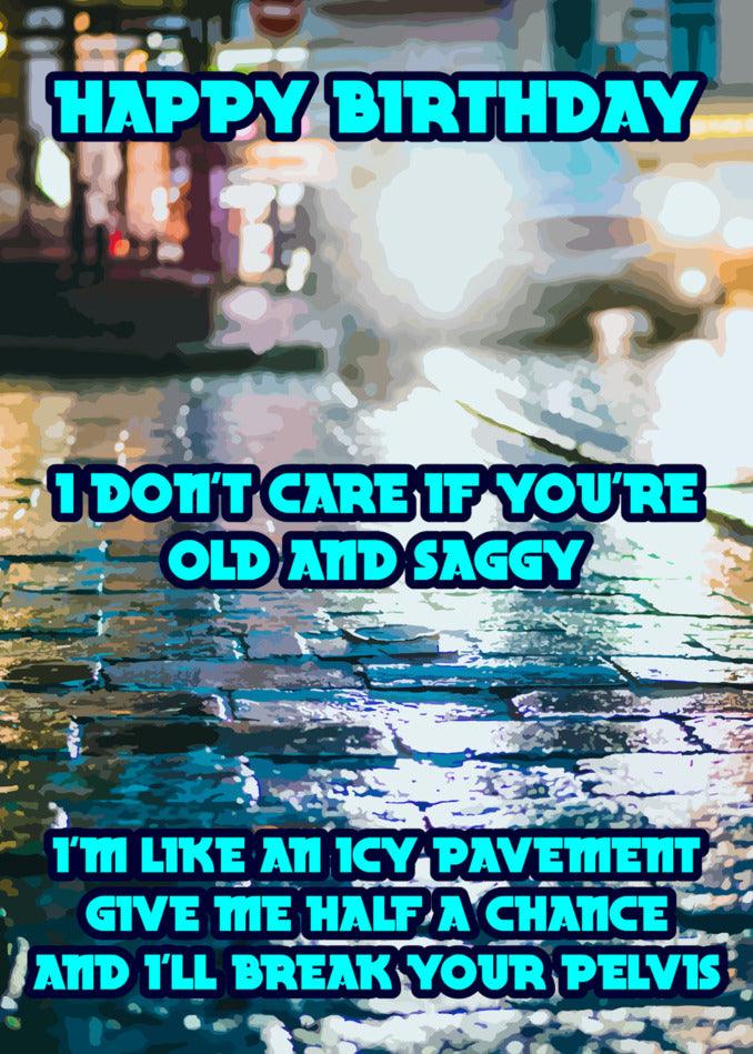 A Pelvis Funny Birthday Card by Twisted Gifts showcasing a wet sidewalk illuminated by blue and yellow lights.