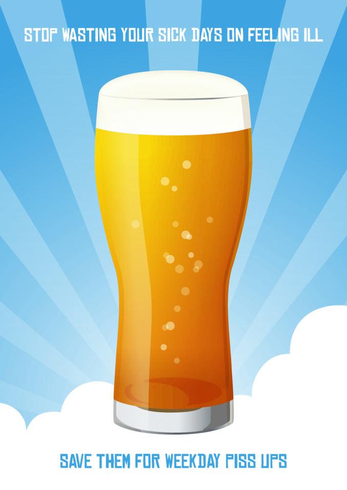 A Twisted Gifts Piss Ups Rude Get Well Soon Card on a blue sky.