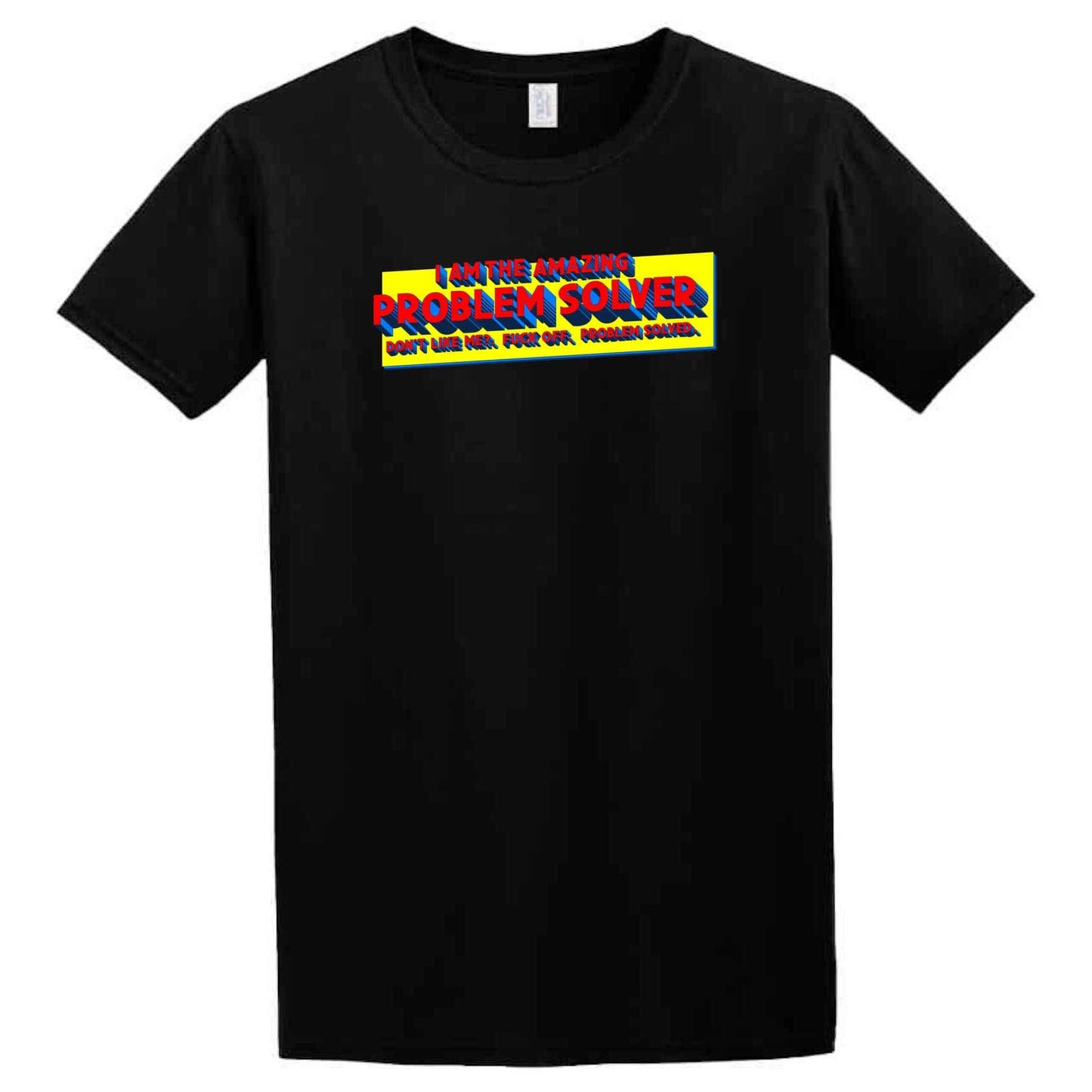 A Twisted Gifts Problem Solver T-Shirt with a yellow and blue logo.