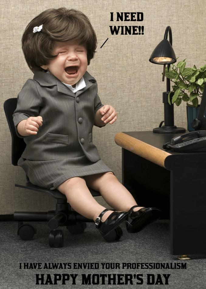A little girl with a Twisted Gifts Professionalism Funny Mother's Day Card in hand, captioned with humor and the thought of needing wine.