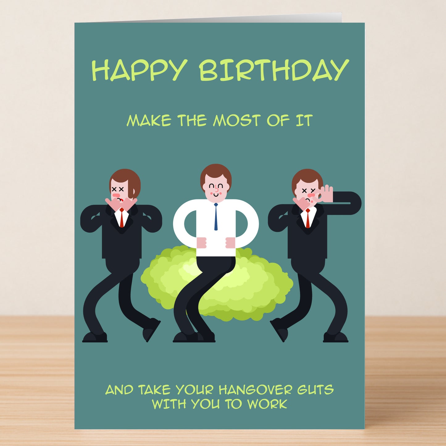 The Guts – Funny Birthday Card by Twisted Gifts shows three cartoon men in suits—one sick, one smiling, one groaning—with the text: "Happy Birthday. Make the most of it and take your hangover guts with you to work.