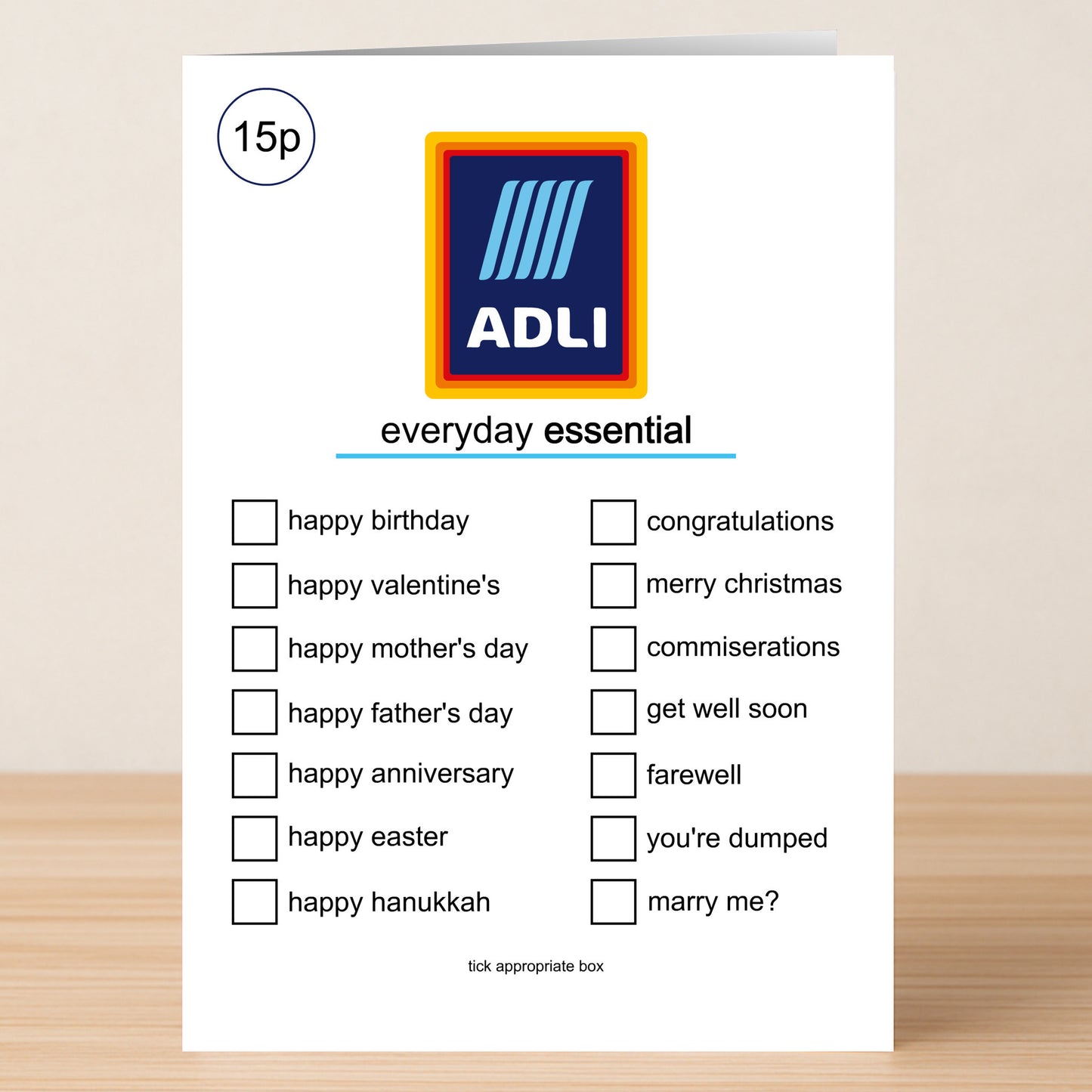 The Adli – Parody Birthday Card by Twisted Gifts features a spoof ADLI logo and a playful checklist for occasions like birthdays, get well soon, or marry me—just tick the right box! Ideal for fans of cheeky or rude cards.