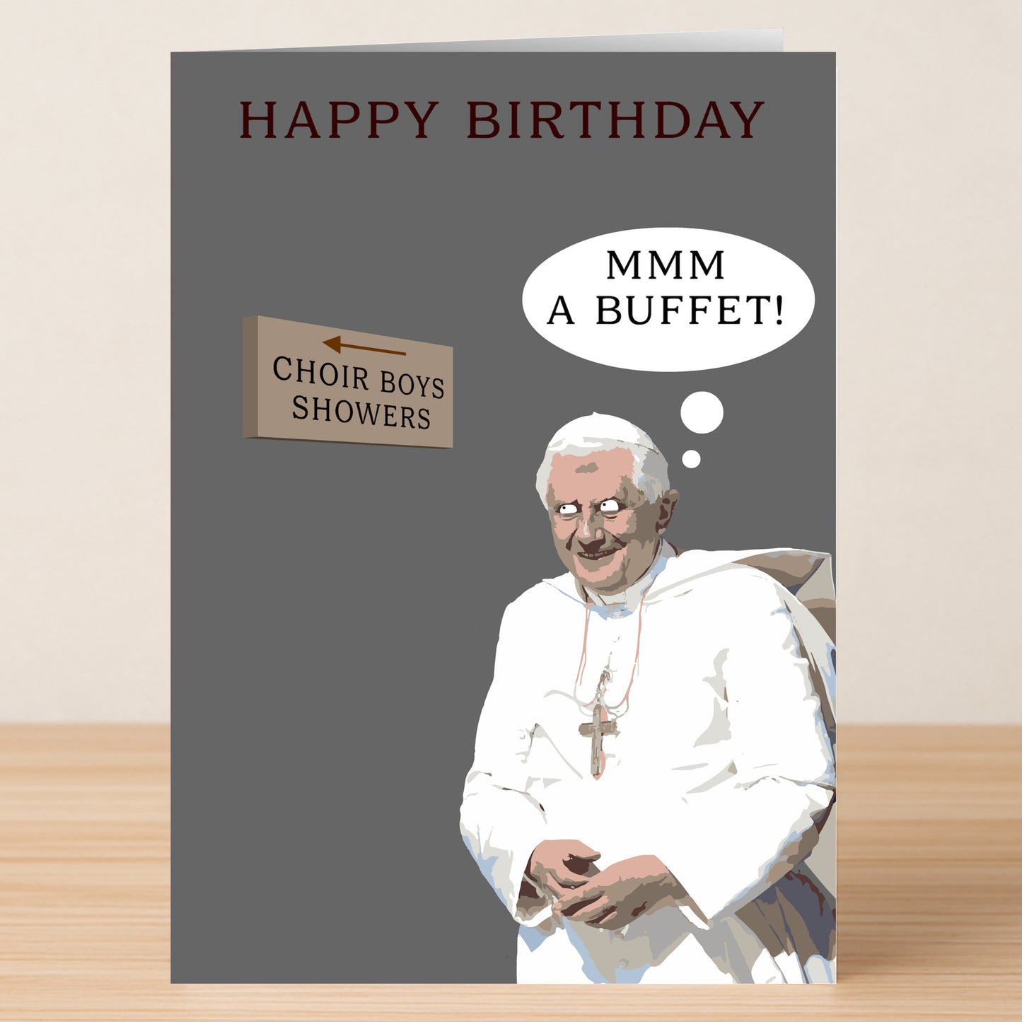 Twisted Gifts' Funny Rude Birthday Card features dark humour with an illustrated priest eyeing a “Choir Boys Showers” sign and thinking, "MMM A BUFFET!"—a bold, offensive joke card for birthdays.