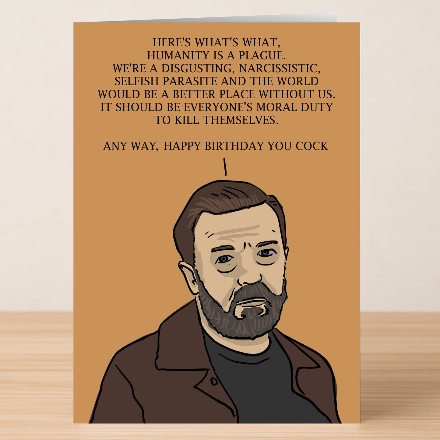 The After Life Tony – Dark Humour Birthday Card by Twisted Gifts features a serious, bearded man with a sarcastic message—ideal for anyone who enjoys witty banter and dark humour on their birthday.