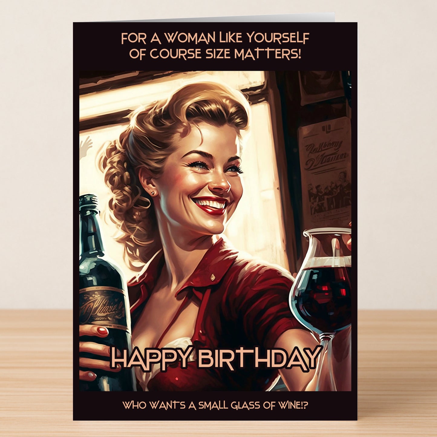 A smiling woman with an oversized wine glass and bottle features on Twisted Gifts' "Size Matters – Funny Birthday Card," playfully poking fun at wine glass size—perfect for sharing birthday laughs.