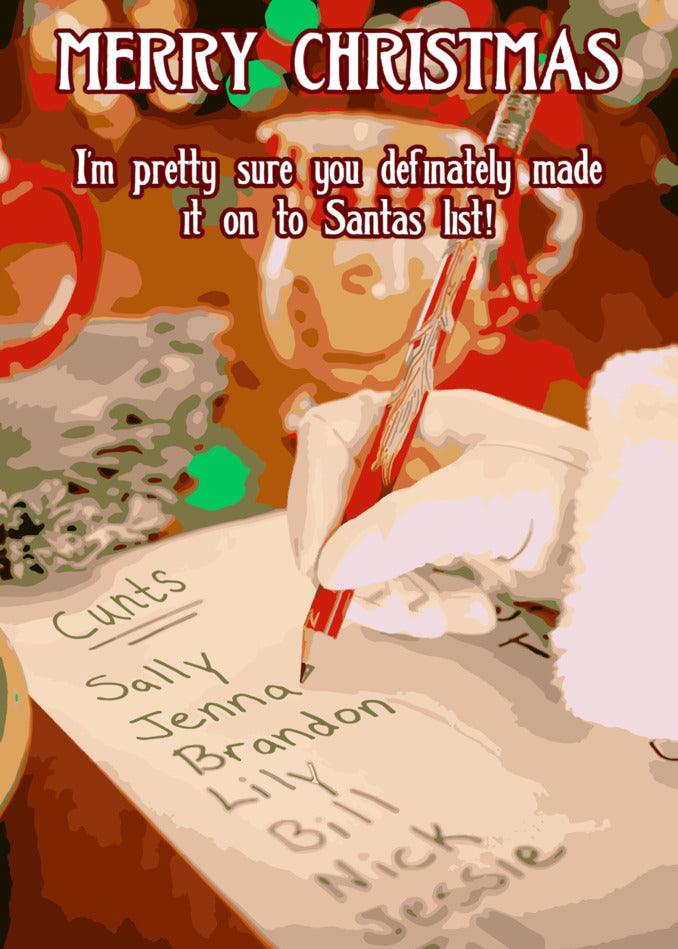 Santa Claus carefully writing a Santa’s List Rude Christmas Card from Twisted Gifts.