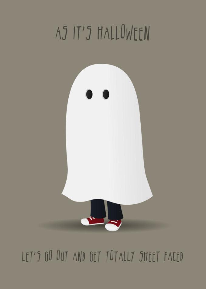 A Sheet Faced Funny Halloween Card featuring a ghost with the words "let's go out" printed on a Twisted Gifts sheet.