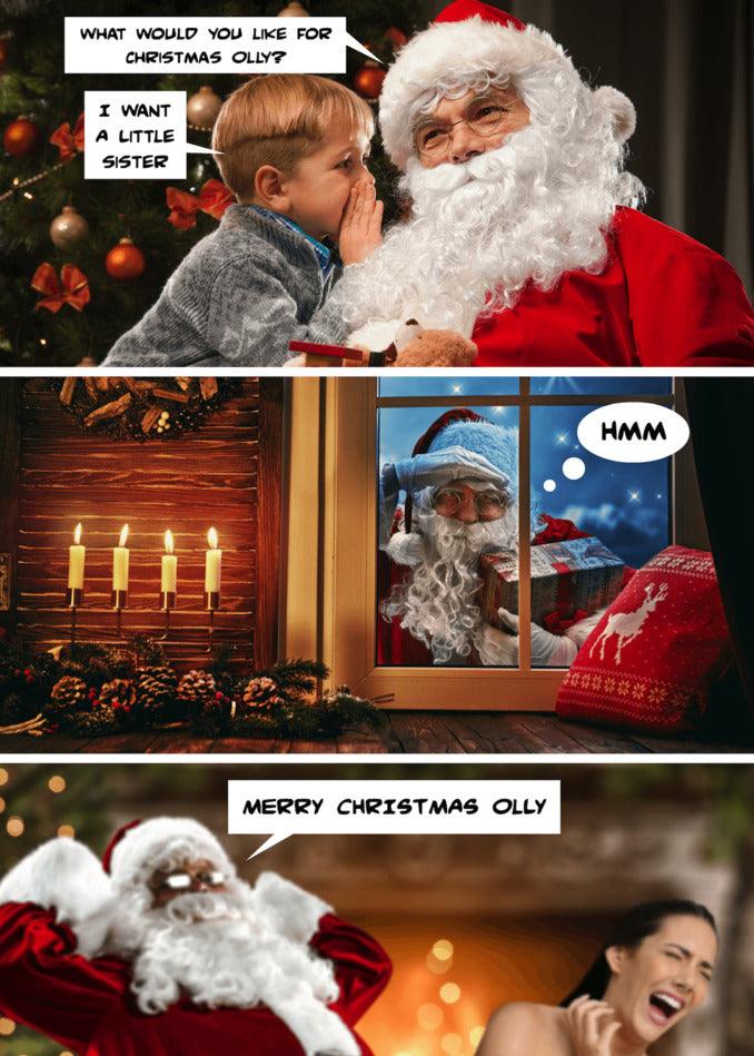 Santa Claus and a Christmas tree bring joy during the festive season, delivering Twisted Gifts and creating a perfect setting for a Sister Rude Christmas Card.