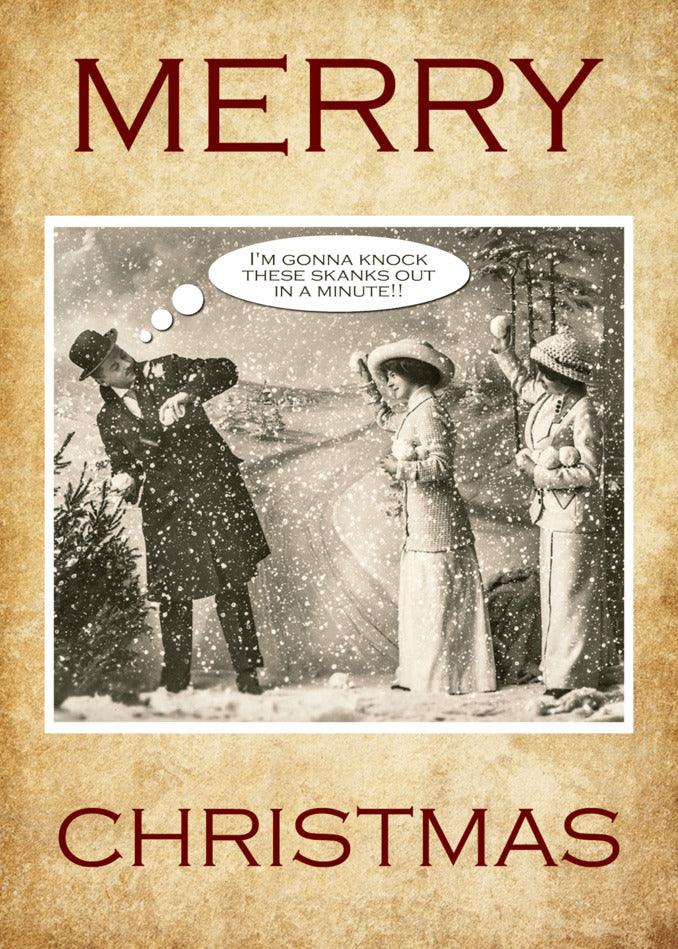 A Skanks Funny Christmas Card by Twisted Gifts with two people in the snow, featuring a humorous twist.