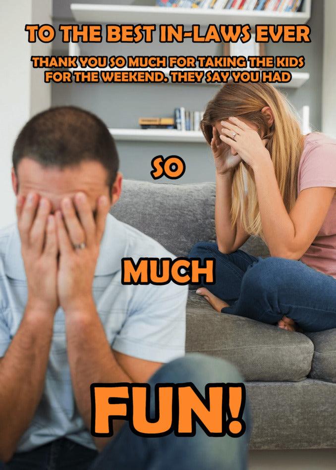 A man and woman sitting on a couch, sharing a funny moment while holding a Twisted Gifts So Much Fun Funny Thank You Card.