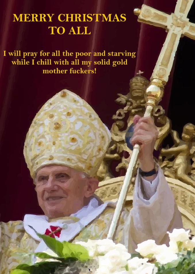 Pope John Paul II sends a heartfelt Twisted Gifts Solid Gold Rude Christmas Card to all, spreading holiday cheer.