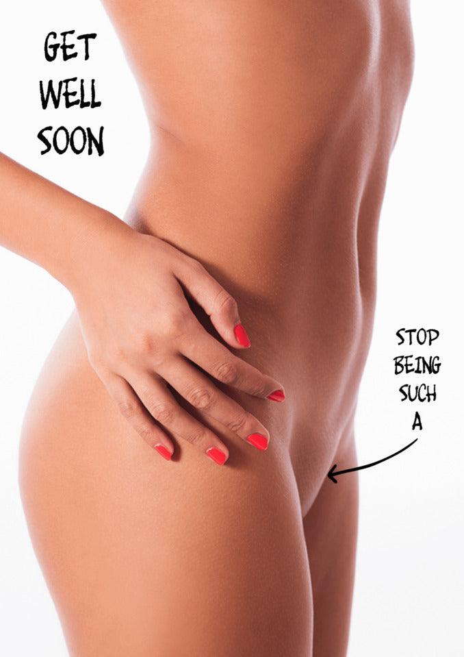 A funny Stop Being A Rude Get Well Soon card featuring a woman in a bikini by Twisted Gifts.