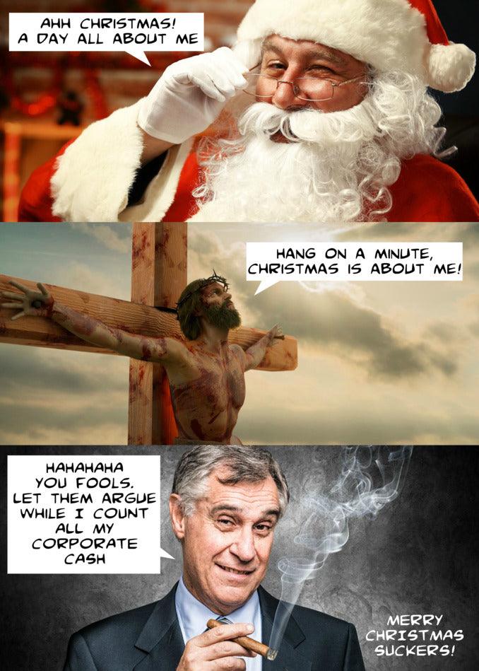 Santa Claus smoking a cigarette on a Twisted Gifts Suckers Funny Christmas Card.