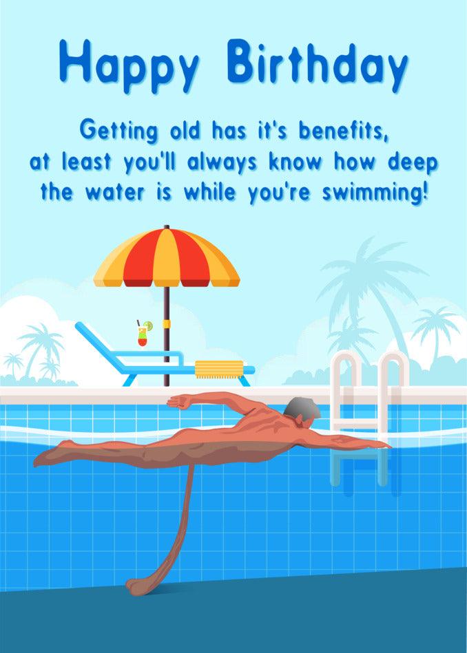 A Twisted Gifts Swimming Rude Birthday Card with a man swimming in the pool.