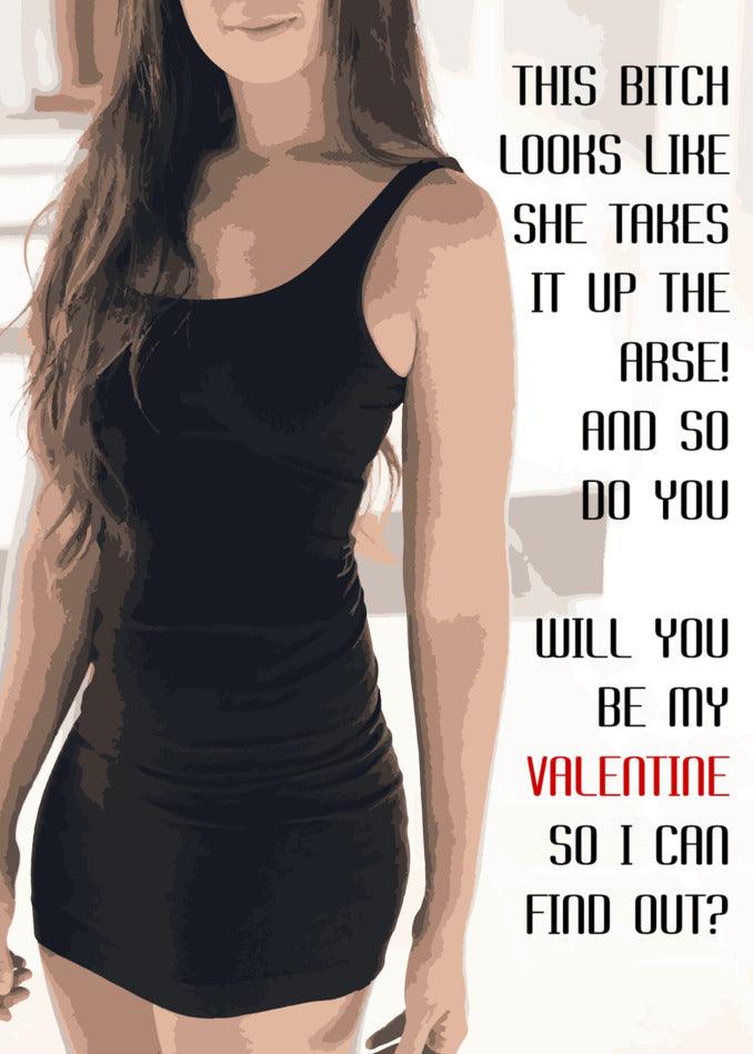 A woman in a black dress holding a Twisted Gifts Bitch Twisted Valentine's Card with the text, will you be my valentine?