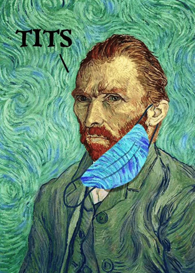 A twisted painting of a man with a blue mask on his face, perfect for a Tits Rude Greeting Card or Twisted Gifts.