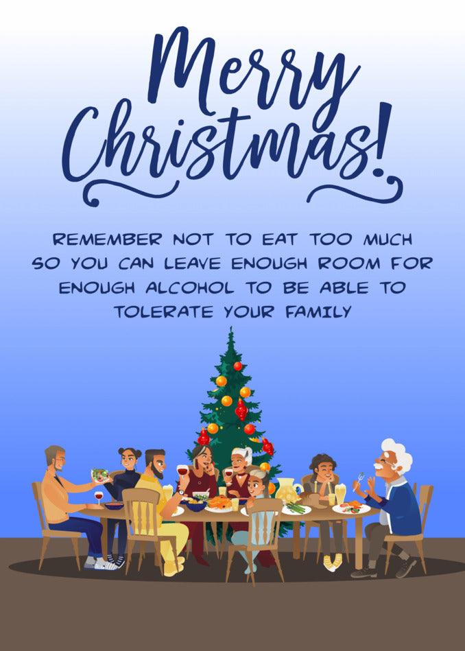 A Tolerate Xmas Funny Christmas Card from Twisted Gifts, with a family sitting around a table, exchanging twisted gifts and enjoying some alcohol.
